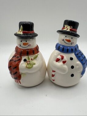 Festive Ceramic Snowman Salt and Pepper Shaker Set - Red & Blue Scarves